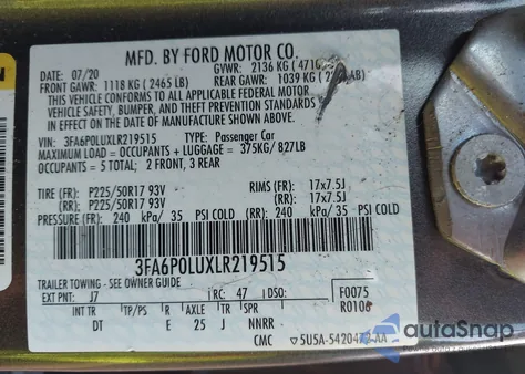 2020 Ford Fusion Hybrid Se z USA, uszkodzony, nr VIN 3FA6P0LUXLR219515